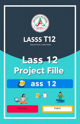A modern and innovative cover page design for a Class 12 project file featuring six distinct subject sections - Accountancy, Business Studies, Economics, Physical Education, English, and Yoga