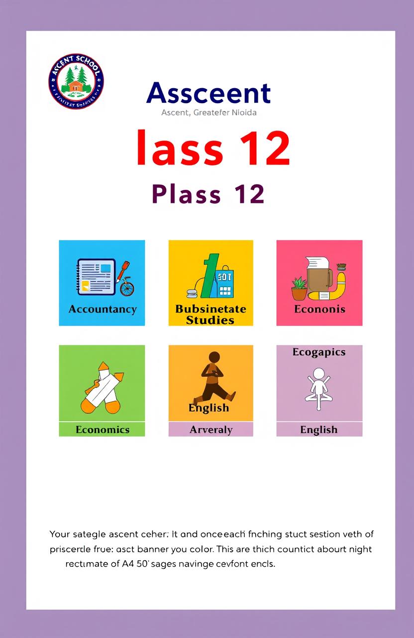 A modern and innovative cover page design for a Class 12 project file featuring six distinct subject sections - Accountancy, Business Studies, Economics, Physical Education, English, and Yoga