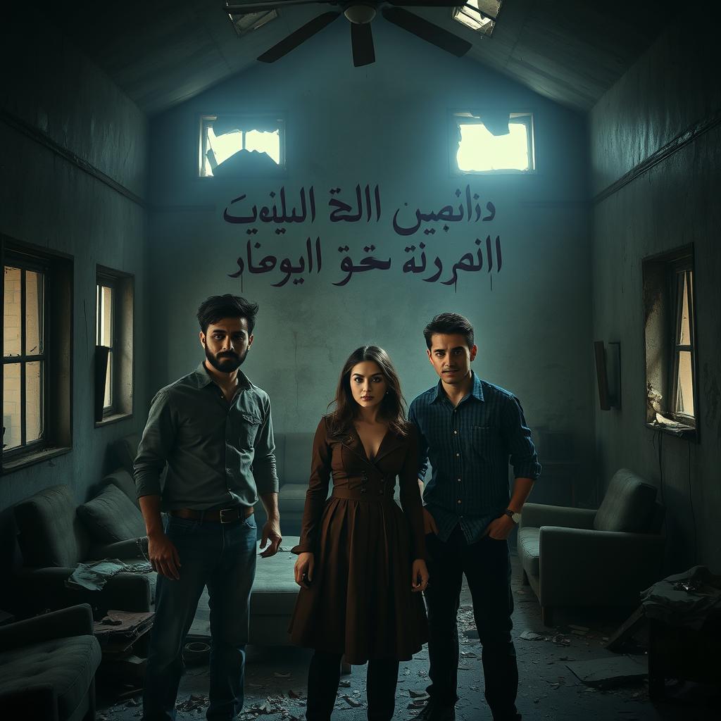 Three friends, two men and one woman, standing inside an abandoned house filled with an eerie atmosphere