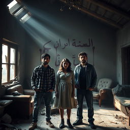 Three friends, two men and one woman, standing inside an abandoned house filled with an eerie atmosphere