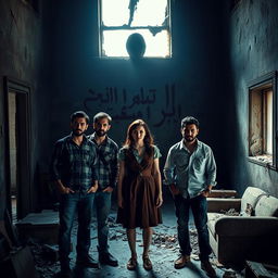 Three friends, two men and one woman, standing inside an abandoned house filled with an eerie atmosphere