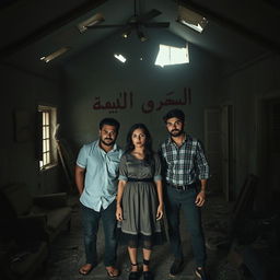 Three friends, two men and one woman, standing inside an abandoned house filled with an eerie atmosphere