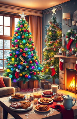 A festive Christmas scene featuring a beautifully decorated living room, complete with a large, vibrant Christmas tree adorned with multicolored ornaments, twinkling lights, and a shiny star on top