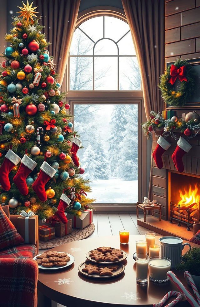 A festive Christmas scene featuring a beautifully decorated living room, complete with a large, vibrant Christmas tree adorned with multicolored ornaments, twinkling lights, and a shiny star on top