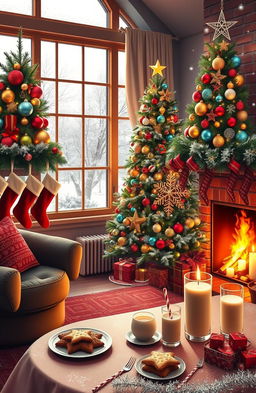 A festive Christmas scene featuring a beautifully decorated living room, complete with a large, vibrant Christmas tree adorned with multicolored ornaments, twinkling lights, and a shiny star on top