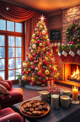 A festive Christmas scene featuring a beautifully decorated living room, complete with a large, vibrant Christmas tree adorned with multicolored ornaments, twinkling lights, and a shiny star on top
