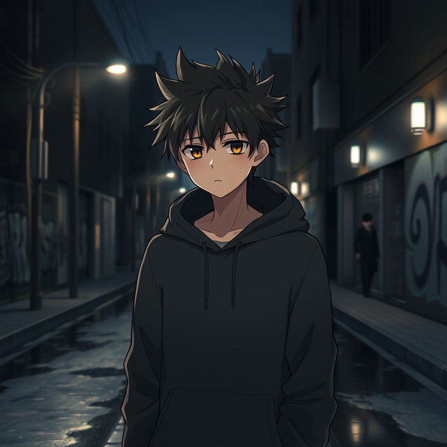 Anime boy wearing a black hoodie standing in a dark, atmospheric street