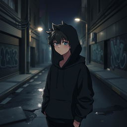Anime boy wearing a black hoodie standing in a dark, atmospheric street