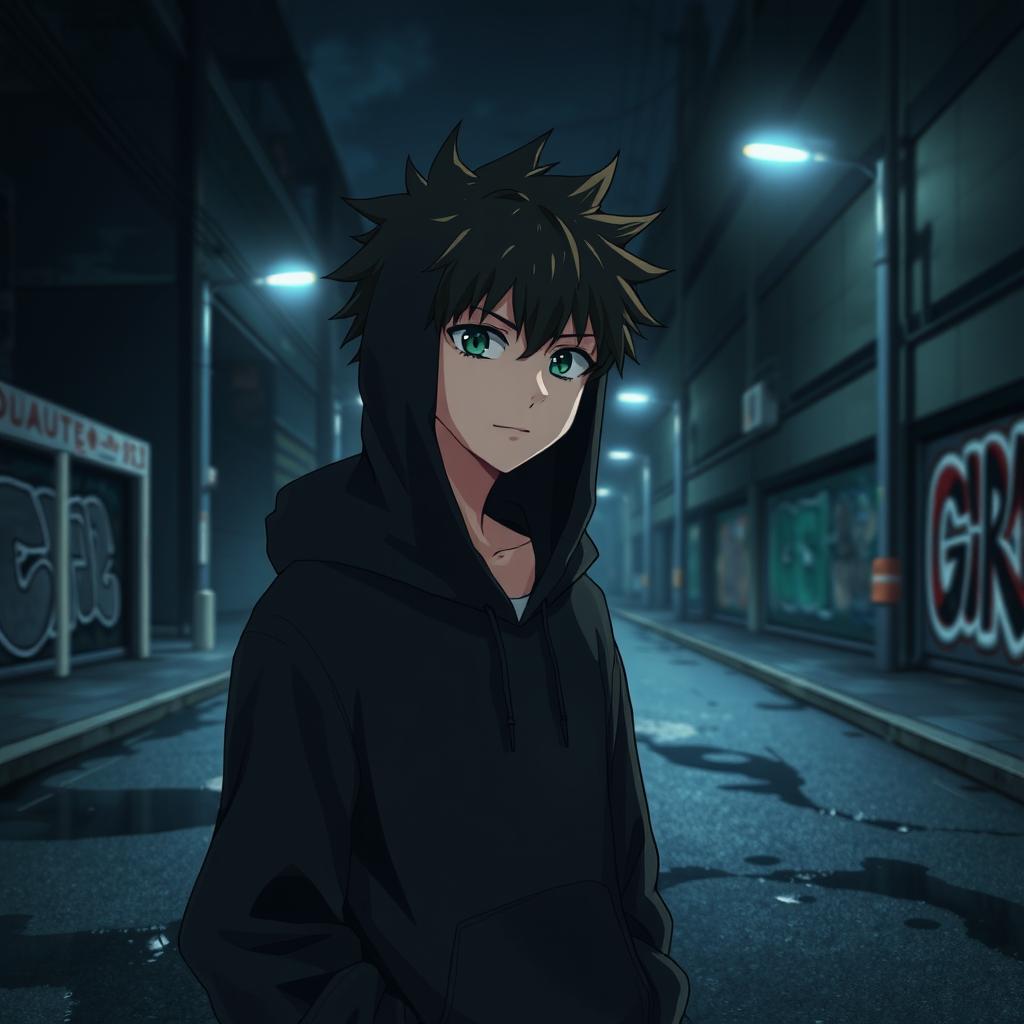 Anime boy wearing a black hoodie standing in a dark, atmospheric street