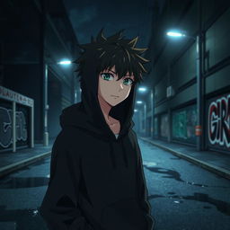 Anime boy wearing a black hoodie standing in a dark, atmospheric street