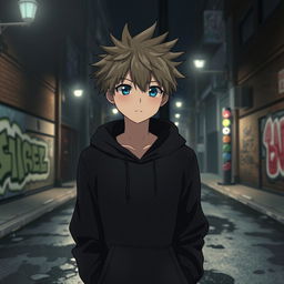 Anime boy wearing a black hoodie standing in a dark, atmospheric street