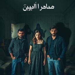 Three friends, two men and one woman, standing inside an abandoned house filled with an unsettling atmosphere