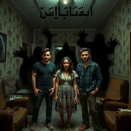 Three friends, two men and one woman, standing inside an abandoned house filled with an unsettling atmosphere