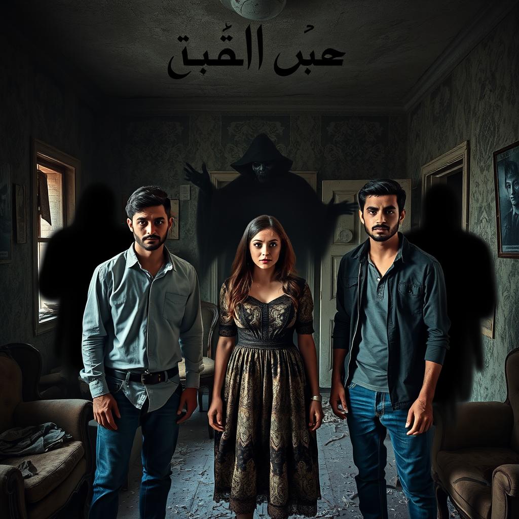 Three friends, two men and one woman, standing inside an abandoned house filled with an unsettling atmosphere