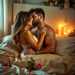 A sensual scene featuring an attractive couple intimately embracing on a soft, luxurious satin bed