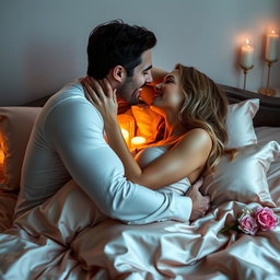 A sensual scene featuring an attractive couple intimately embracing on a soft, luxurious satin bed