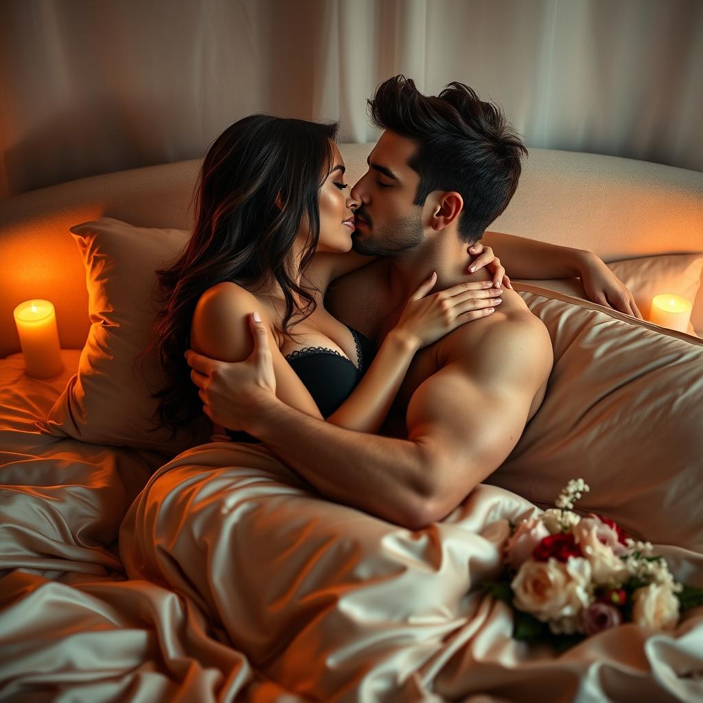A sensual scene featuring an attractive couple intimately embracing on a soft, luxurious satin bed