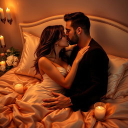 A sensual scene featuring an attractive couple intimately embracing on a soft, luxurious satin bed