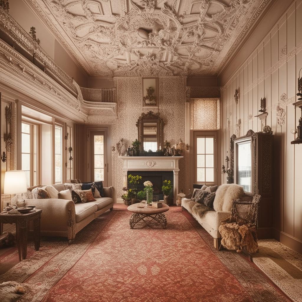 A detailed plan of a Victorian style living room, featuring high ceilings, ornate decorative elements, plush furniture, soft lighting, and vintage rugs