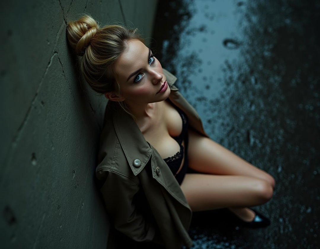 A seductive and suggestive fashion shoot featuring a sexy blonde model with her hair styled in a neat bun and captivating blue eyes