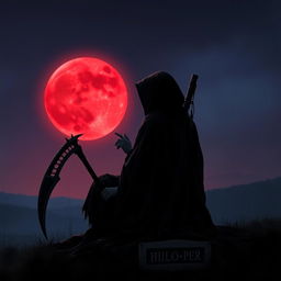 The Grim Reaper sits solemnly with his back to the viewer, gazing up at a hauntingly beautiful blood moon that casts an eerie red glow over the landscape