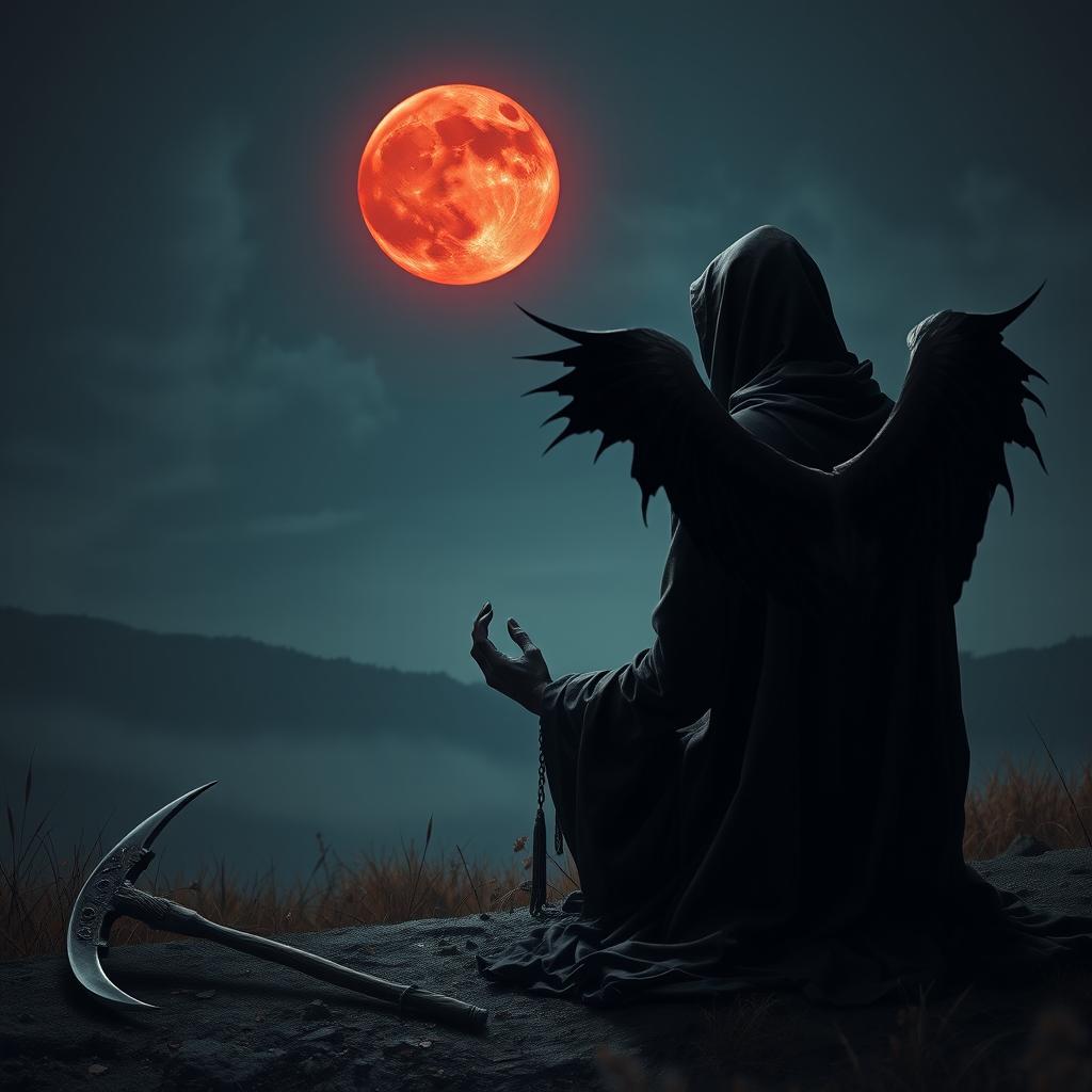 The Grim Reaper sits solemnly with his back to the viewer, gazing up at a hauntingly beautiful blood moon that casts an eerie red glow over the landscape