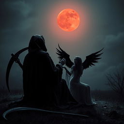 The Grim Reaper sits solemnly with his back to the viewer, gazing up at a hauntingly beautiful blood moon that casts an eerie red glow over the landscape
