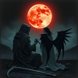 The Grim Reaper sits solemnly with his back to the viewer, gazing up at a hauntingly beautiful blood moon that casts an eerie red glow over the landscape