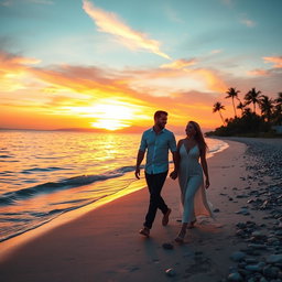 A romantic couple walking hand in hand along a sandy beach during sunset, the vibrant colors of the sky reflecting on the calm sea
