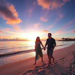 A romantic couple walking hand in hand along a sandy beach during sunset, the vibrant colors of the sky reflecting on the calm sea