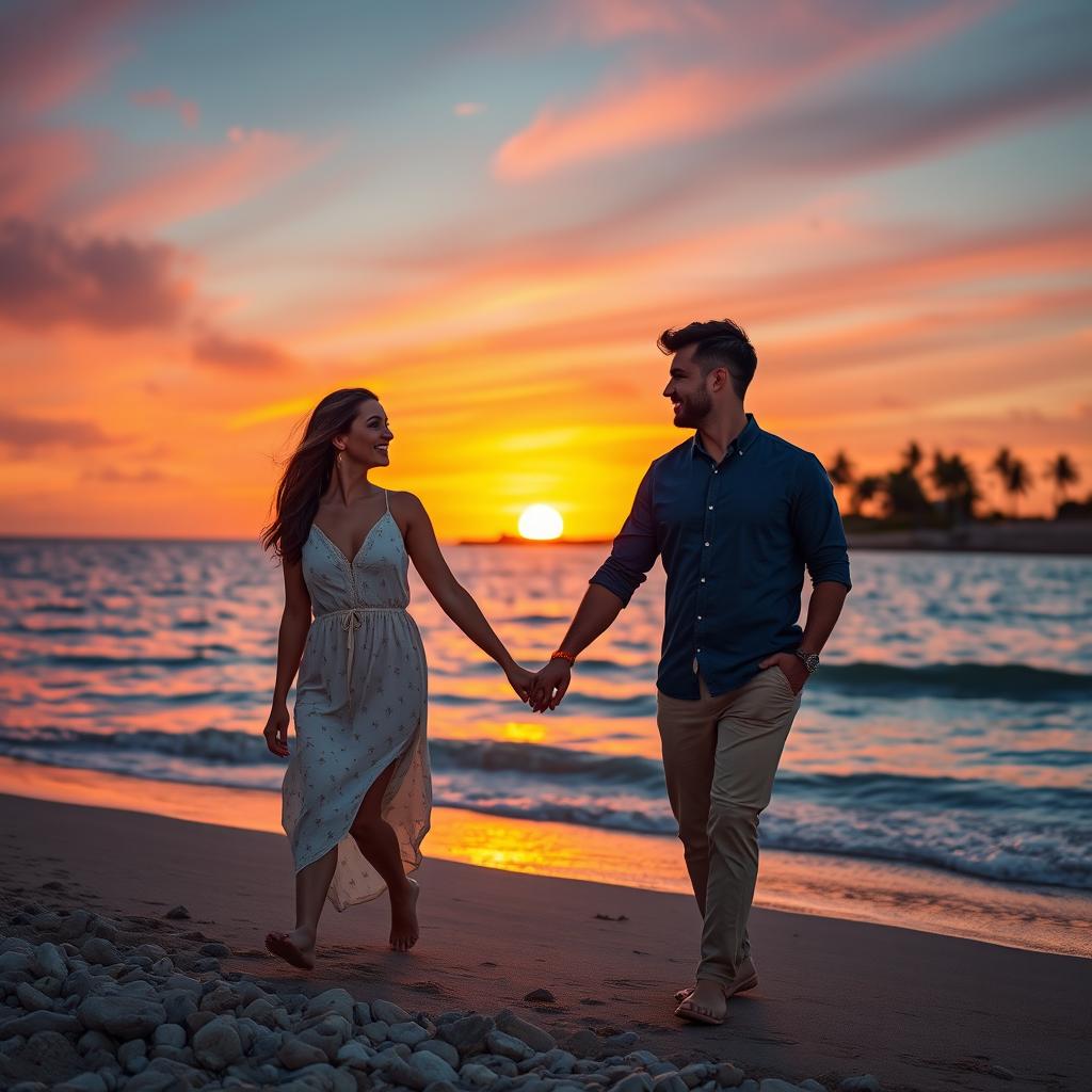 A romantic couple walking hand in hand along a sandy beach during sunset, the vibrant colors of the sky reflecting on the calm sea