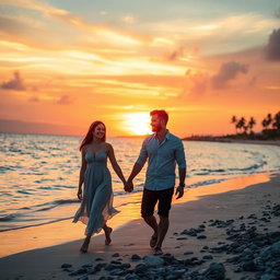 A romantic couple walking hand in hand along a sandy beach during sunset, the vibrant colors of the sky reflecting on the calm sea