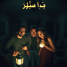 Three friends, two attractive men and one attractive woman, inside an abandoned house that radiates a spooky atmosphere