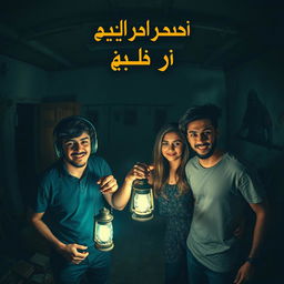 Three friends, two attractive men and one attractive woman, inside an abandoned house that radiates a spooky atmosphere