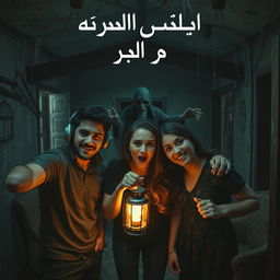Three friends, two attractive men and one attractive woman, inside an abandoned house that radiates a spooky atmosphere