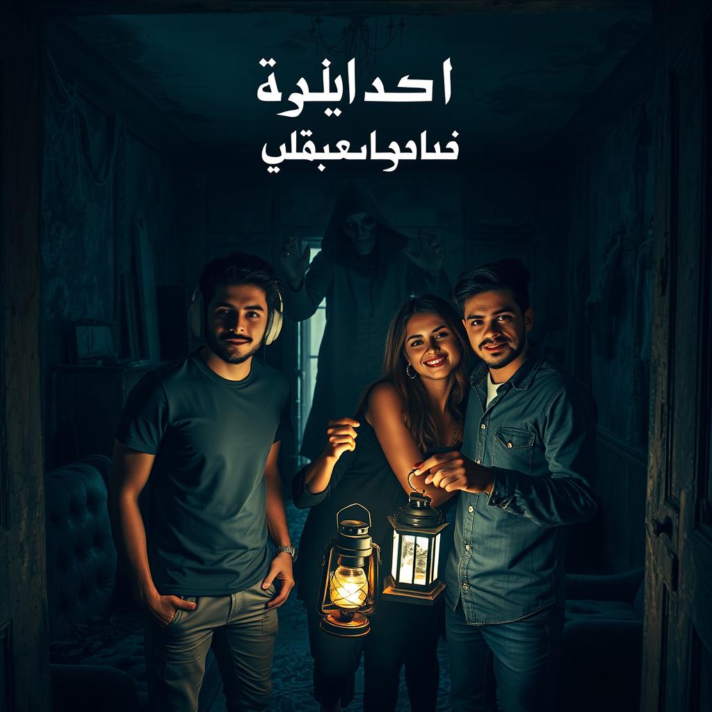 Three friends, two attractive men and one attractive woman, inside an abandoned house that radiates a spooky atmosphere