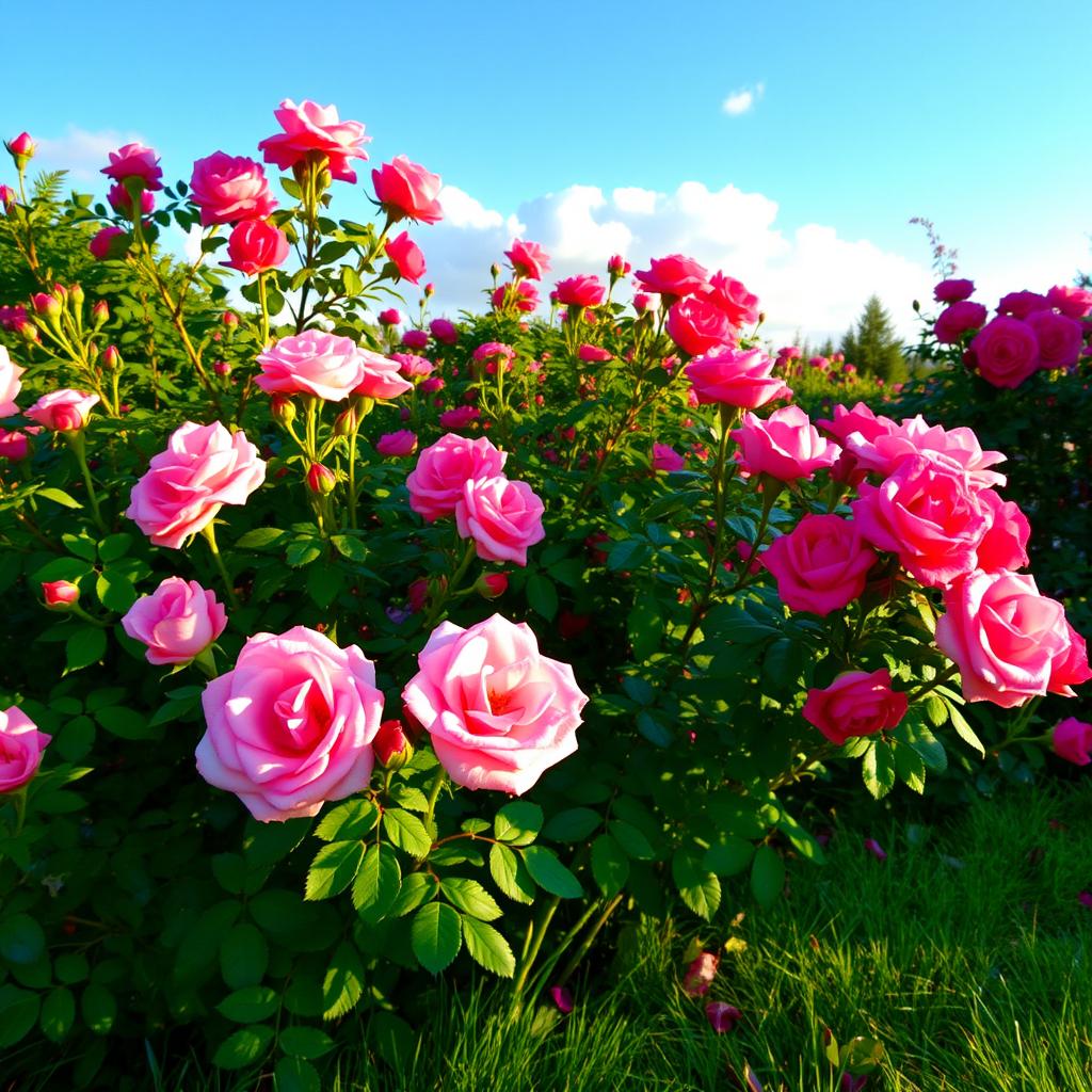 A beautiful garden filled with blooming rose bushes, featuring vibrant pink and red roses