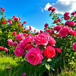 A beautiful garden filled with blooming rose bushes, featuring vibrant pink and red roses