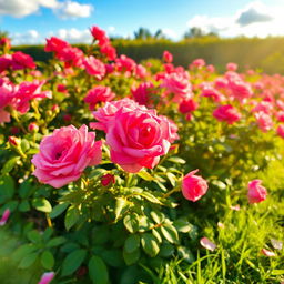 A beautiful garden filled with blooming rose bushes, featuring vibrant pink and red roses