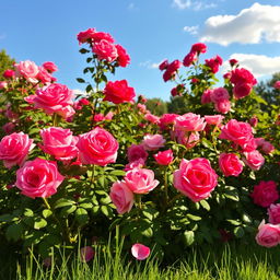 A beautiful garden filled with blooming rose bushes, featuring vibrant pink and red roses