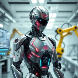 A futuristic robot design, showcasing sleek metallic surfaces and glowing LED lights, set in a modern laboratory environment