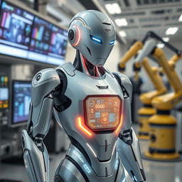 A futuristic robot design, showcasing sleek metallic surfaces and glowing LED lights, set in a modern laboratory environment