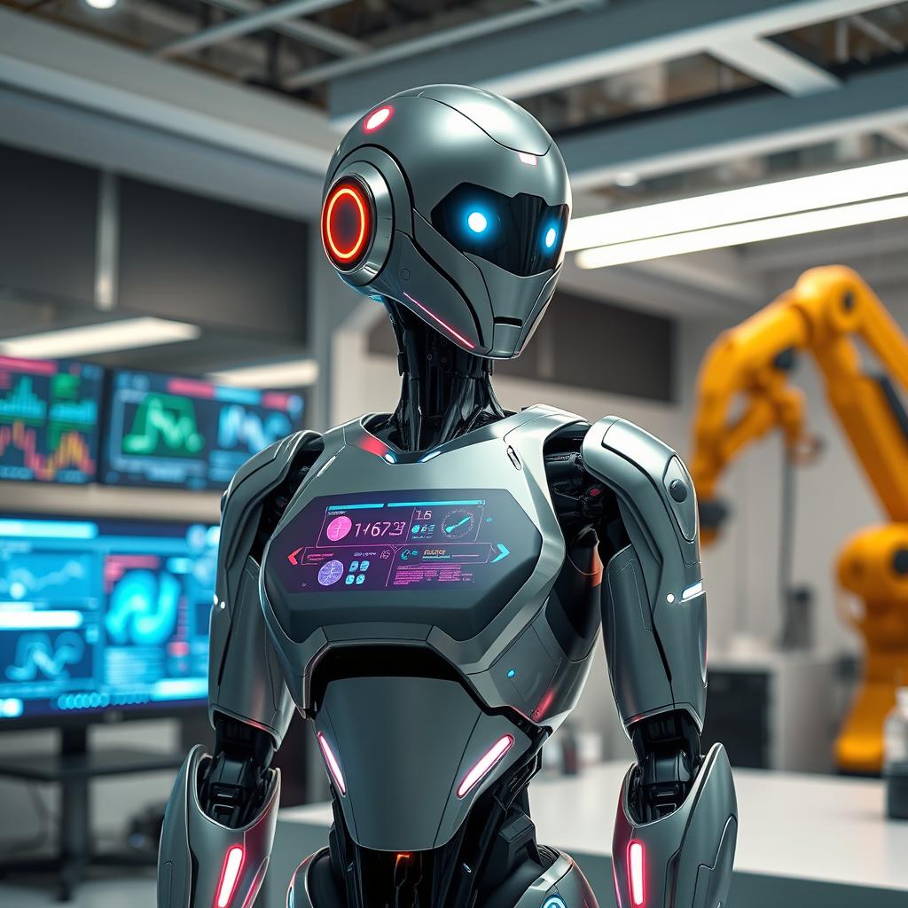 A futuristic robot design, showcasing sleek metallic surfaces and glowing LED lights, set in a modern laboratory environment