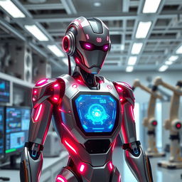 A futuristic robot design, showcasing sleek metallic surfaces and glowing LED lights, set in a modern laboratory environment