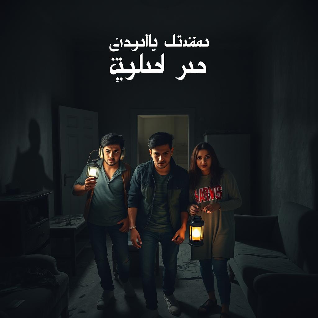 Three friends, two attractive men (one wearing headphones and the other holding a lantern) and one attractive woman, exploring an abandoned house