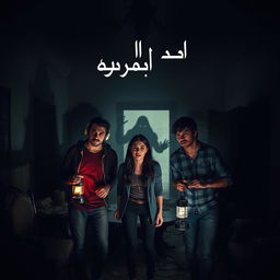 Three friends, two attractive men (one wearing headphones and the other holding a lantern) and one attractive woman, exploring an abandoned house