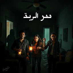 Three friends, two attractive men (one wearing headphones and the other holding a lantern) and one attractive woman, exploring an abandoned house
