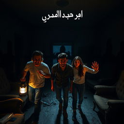 Three friends, two attractive men (one wearing headphones and the other holding a lantern) and one attractive woman, exploring an abandoned house