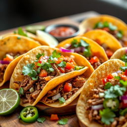 A delicious and vibrant taco spread featuring a variety of soft and crispy tacos filled with colorful ingredients