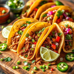 A delicious and vibrant taco spread featuring a variety of soft and crispy tacos filled with colorful ingredients